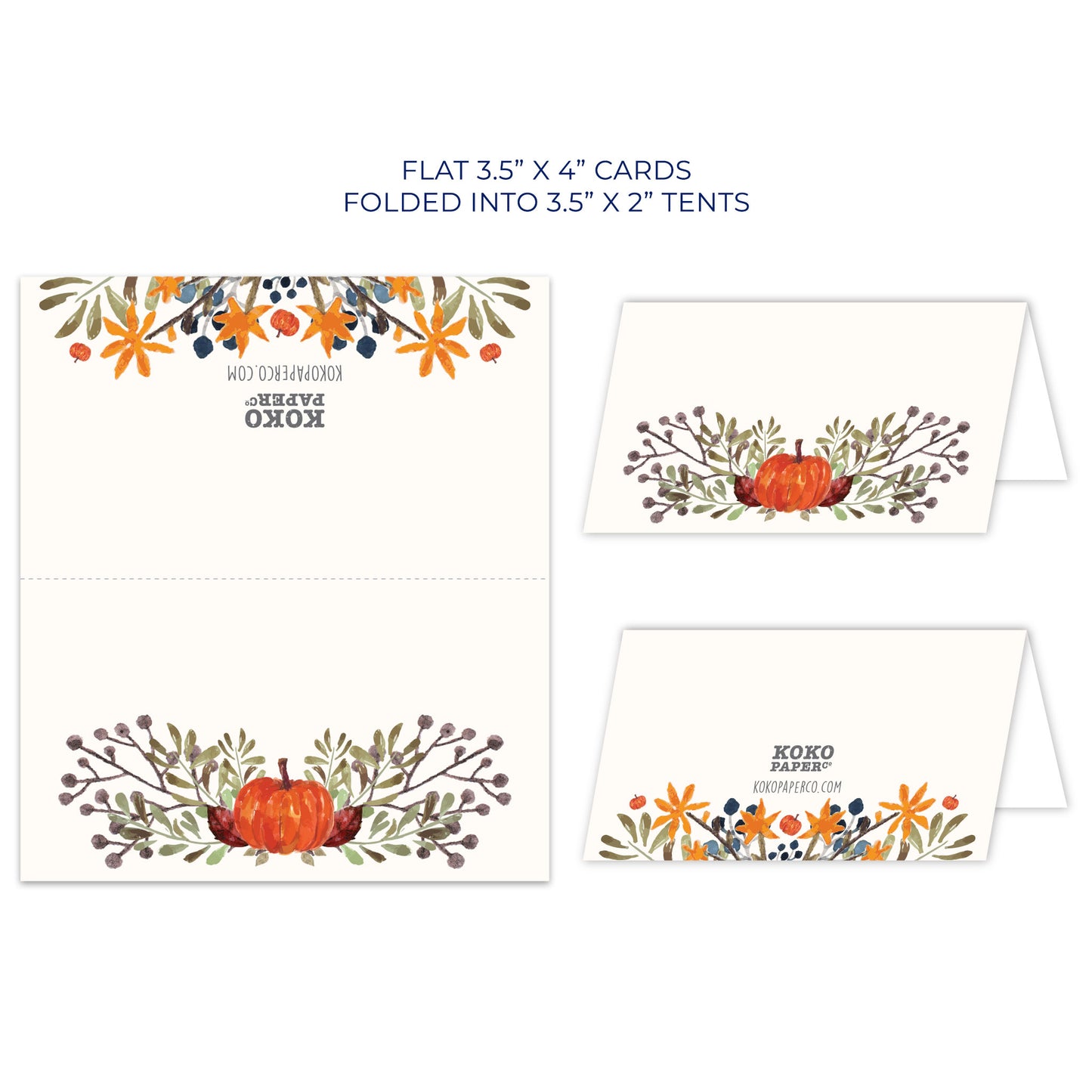 Thanksgiving Table Place Cards with Pumpkin and Fall Leaves | Tent Style Name Cards for Thanksgiving Dinner Setting | Made in the USA