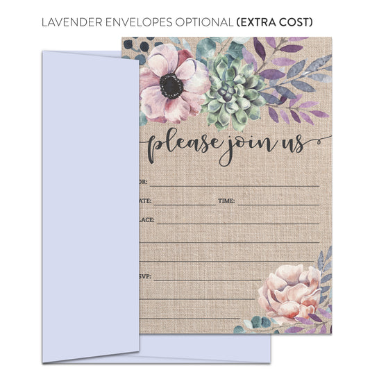 Rustic Burlap Purple Floral Invitations