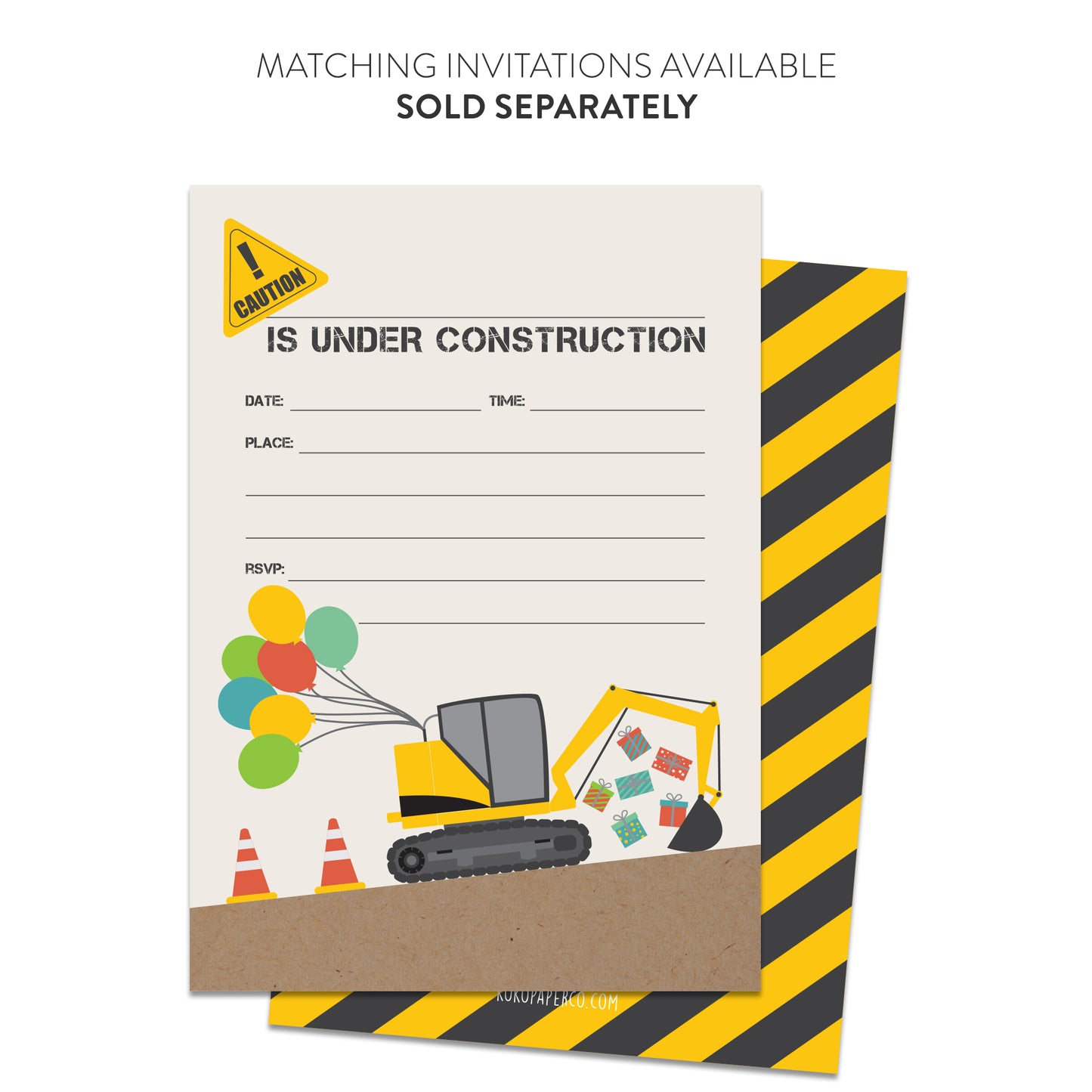 Presents and Balloons Construction Themed Fill-in-the-Blanks Thank You Cards (Flat)