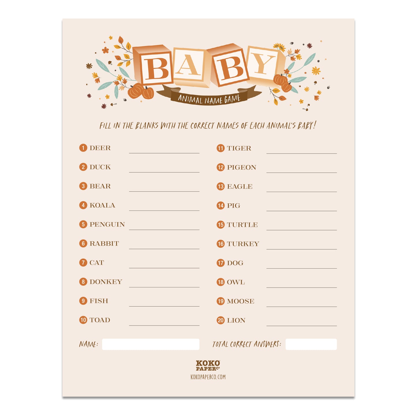 Harvest Baby Blocks Baby Shower Animal Name Game