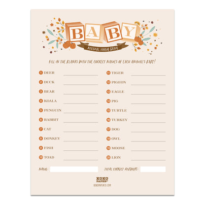 Harvest Baby Blocks Baby Shower Animal Name Game