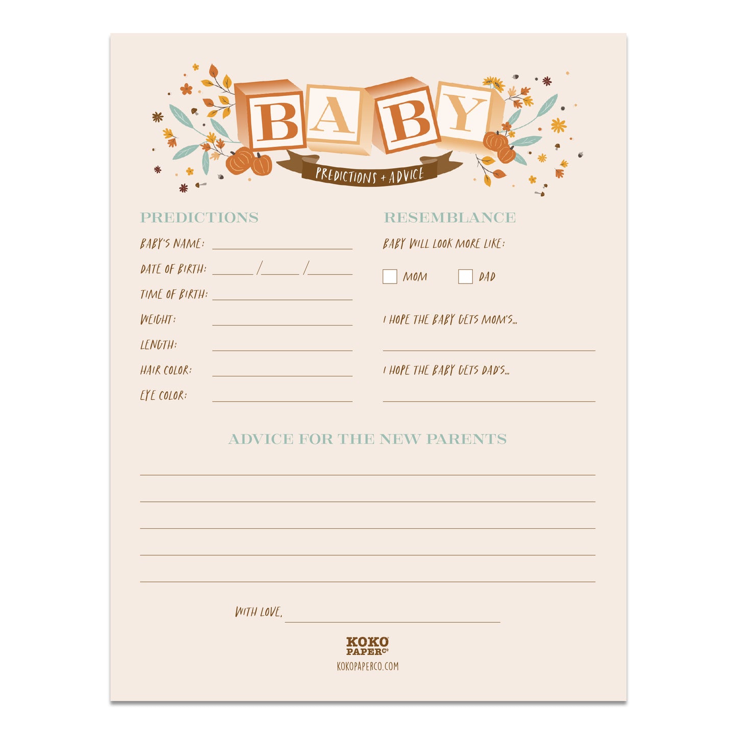 Harvest Baby Blocks Baby Shower Baby Prediction + Advice Sheet