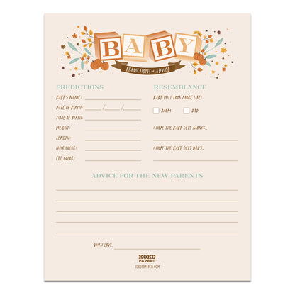 Harvest Baby Blocks Baby Shower Baby Prediction + Advice Sheet