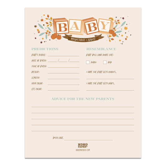 Harvest Baby Blocks Baby Shower Baby Prediction + Advice Sheet