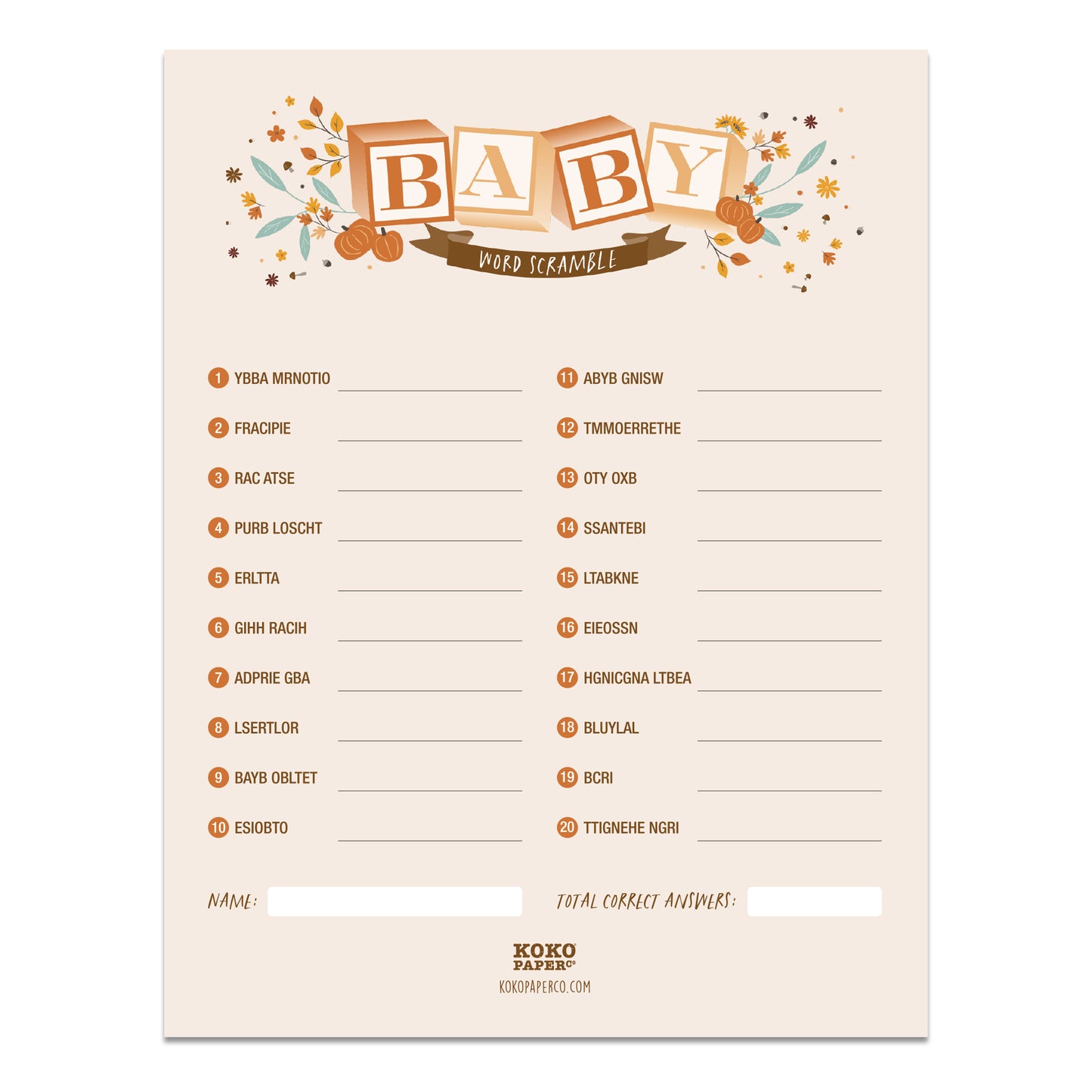 Harvest Baby Blocks Baby Shower Word Scramble Game