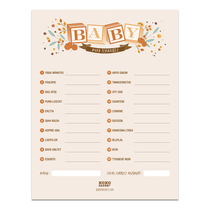 Harvest Baby Blocks Baby Shower Word Scramble Game