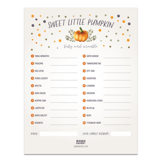 Sweet Little Pumpkin Baby Shower Word Scramble Game