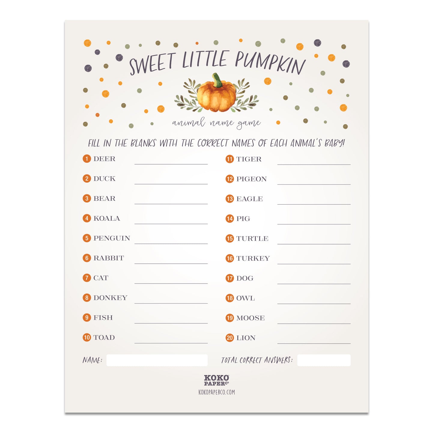 Sweet Little Pumpkin Baby Shower Animal Name Game