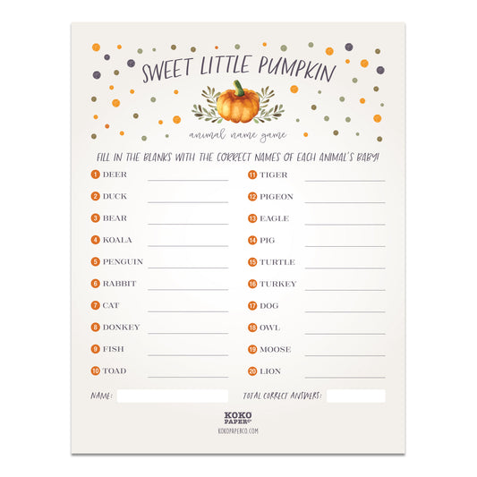 Sweet Little Pumpkin Baby Shower Animal Name Game