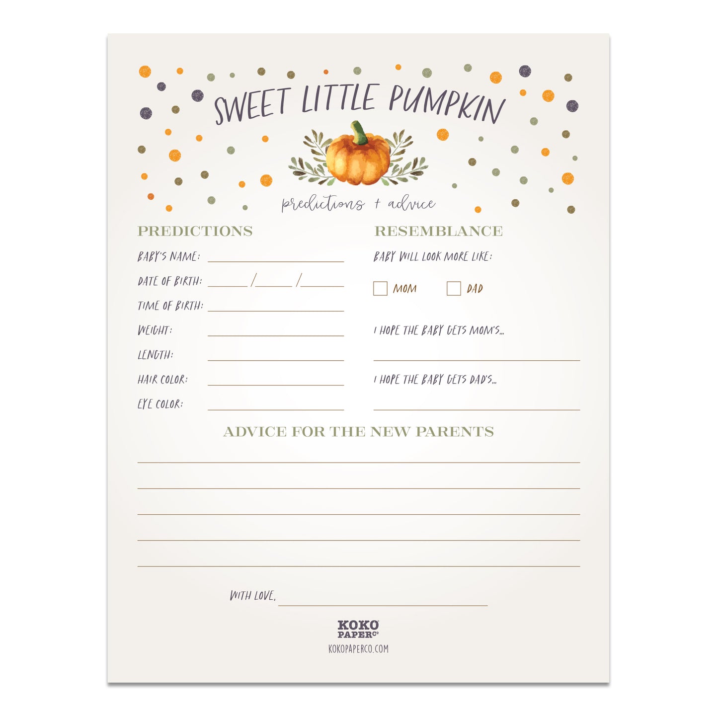 Sweet Little Pumpkin Baby Shower Predictions + Advice Sheet