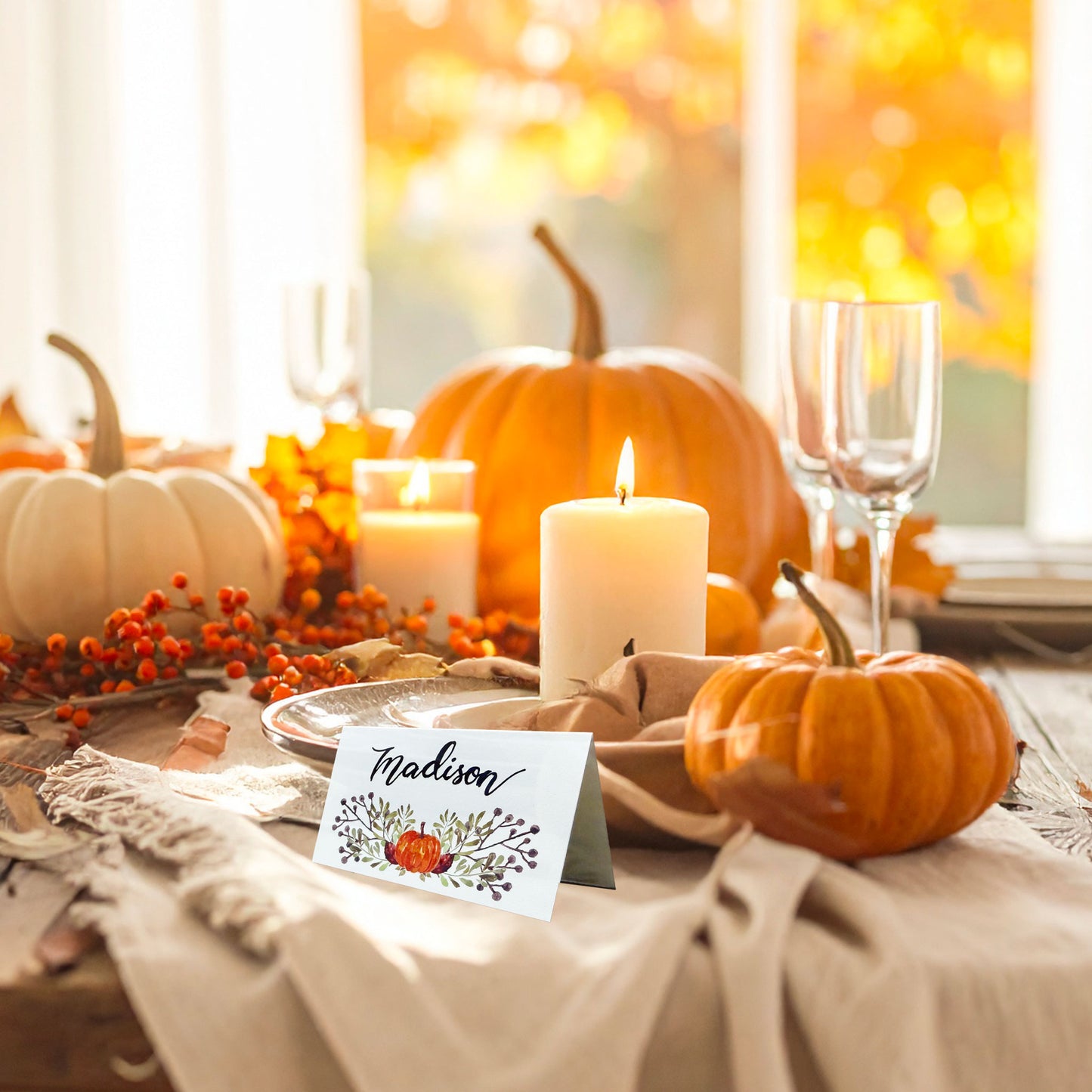 Thanksgiving Table Place Cards with Pumpkin and Fall Leaves | Tent Style Name Cards for Thanksgiving Dinner Setting | Made in the USA