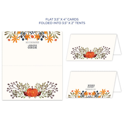 Thanksgiving Table Place Cards with Pumpkin and Fall Leaves | Tent Style Name Cards for Thanksgiving Dinner Setting | Made in the USA