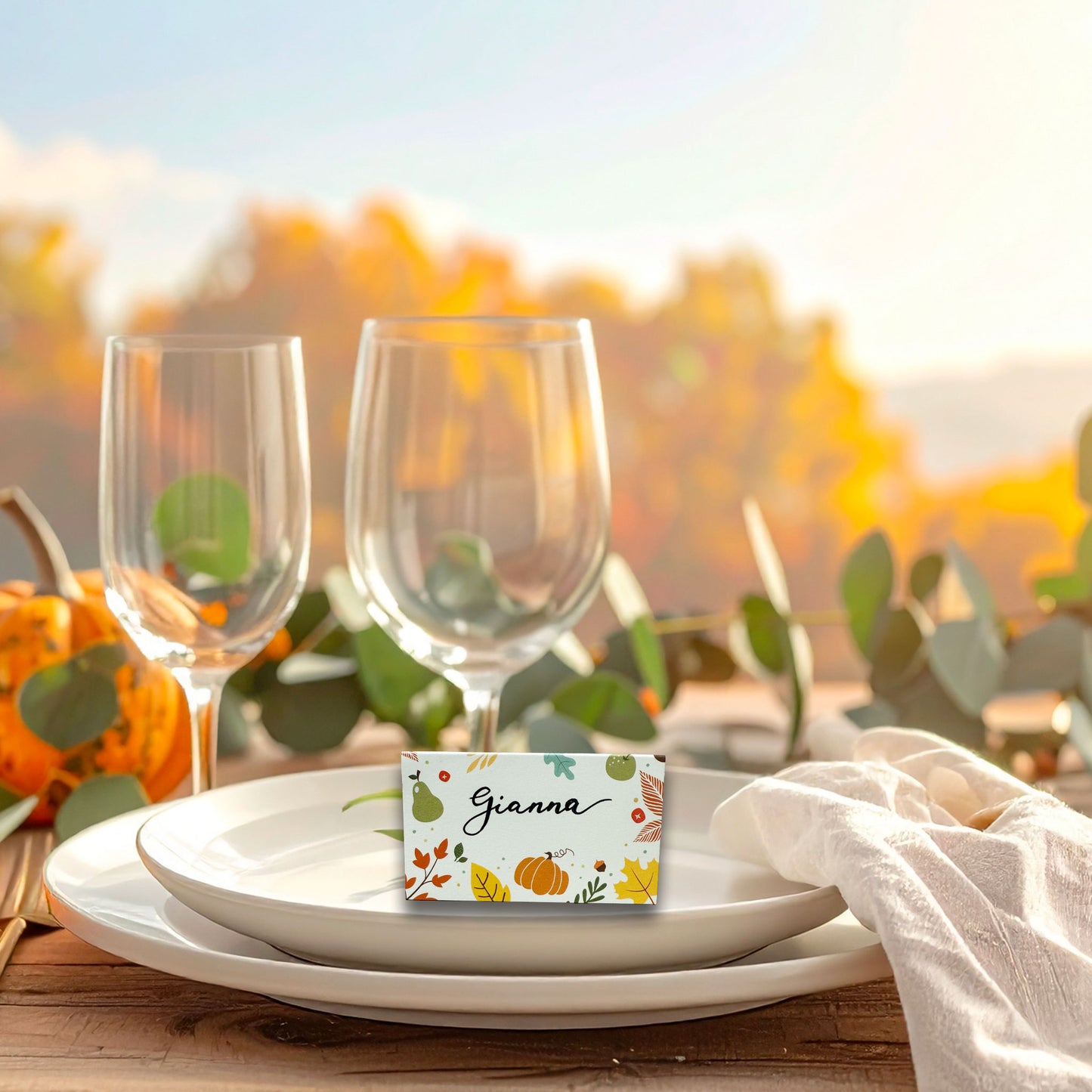 Thanksgiving Place Cards with Pumpkin and Fall Leaves | Modern Autumn Design | made in the USA