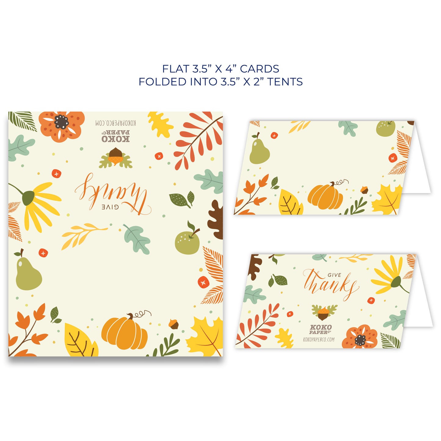 Thanksgiving Place Cards with Pumpkin and Fall Leaves | Modern Autumn Design | made in the USA