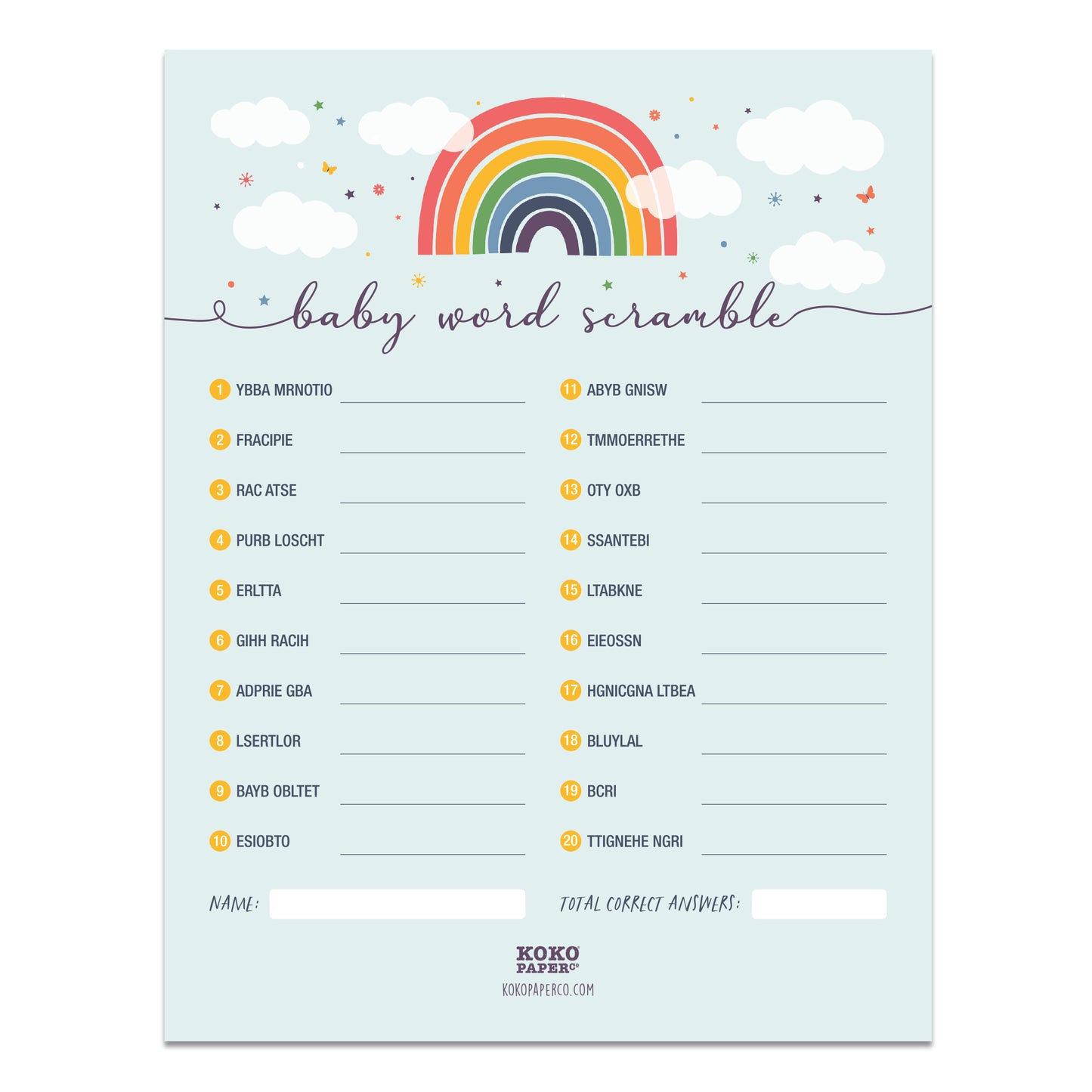 Rainbow Baby Shower Word Scramble Game