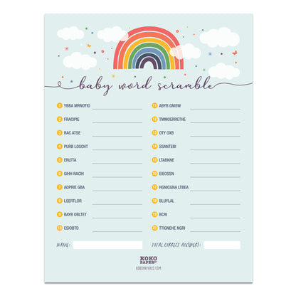 Rainbow Baby Shower Word Scramble Game