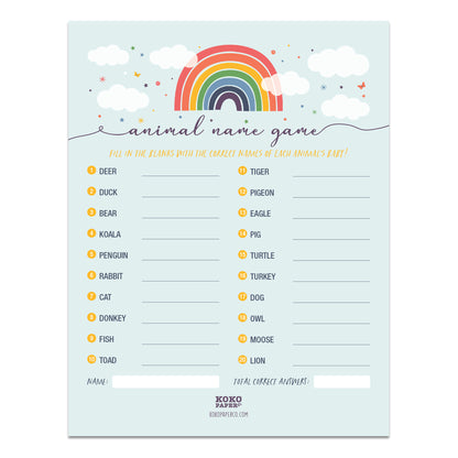 Rainbow Baby Shower Animal Name Game