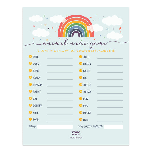 Rainbow Baby Shower Animal Name Game