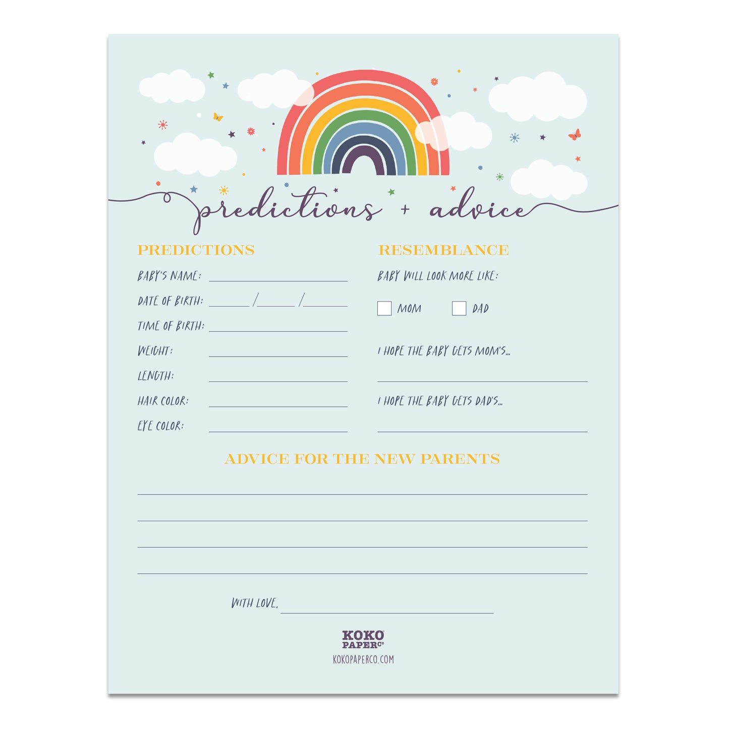 Rainbow Baby Shower Baby Prediction + Advice Sheet