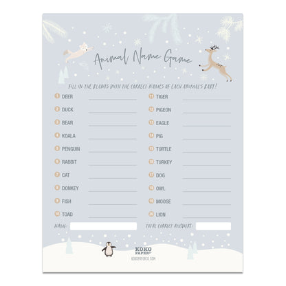 Snowy Winter Wonderland Baby Shower Animal Name Game