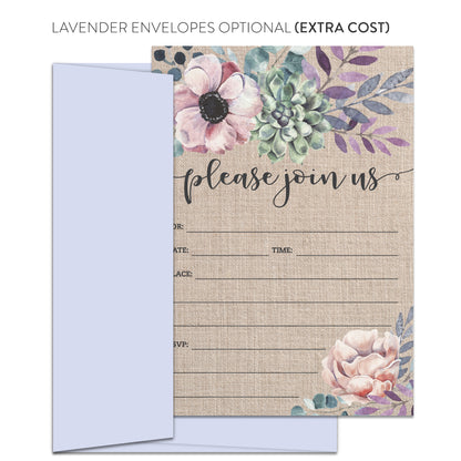 Rustic Burlap Purple Floral Invitations