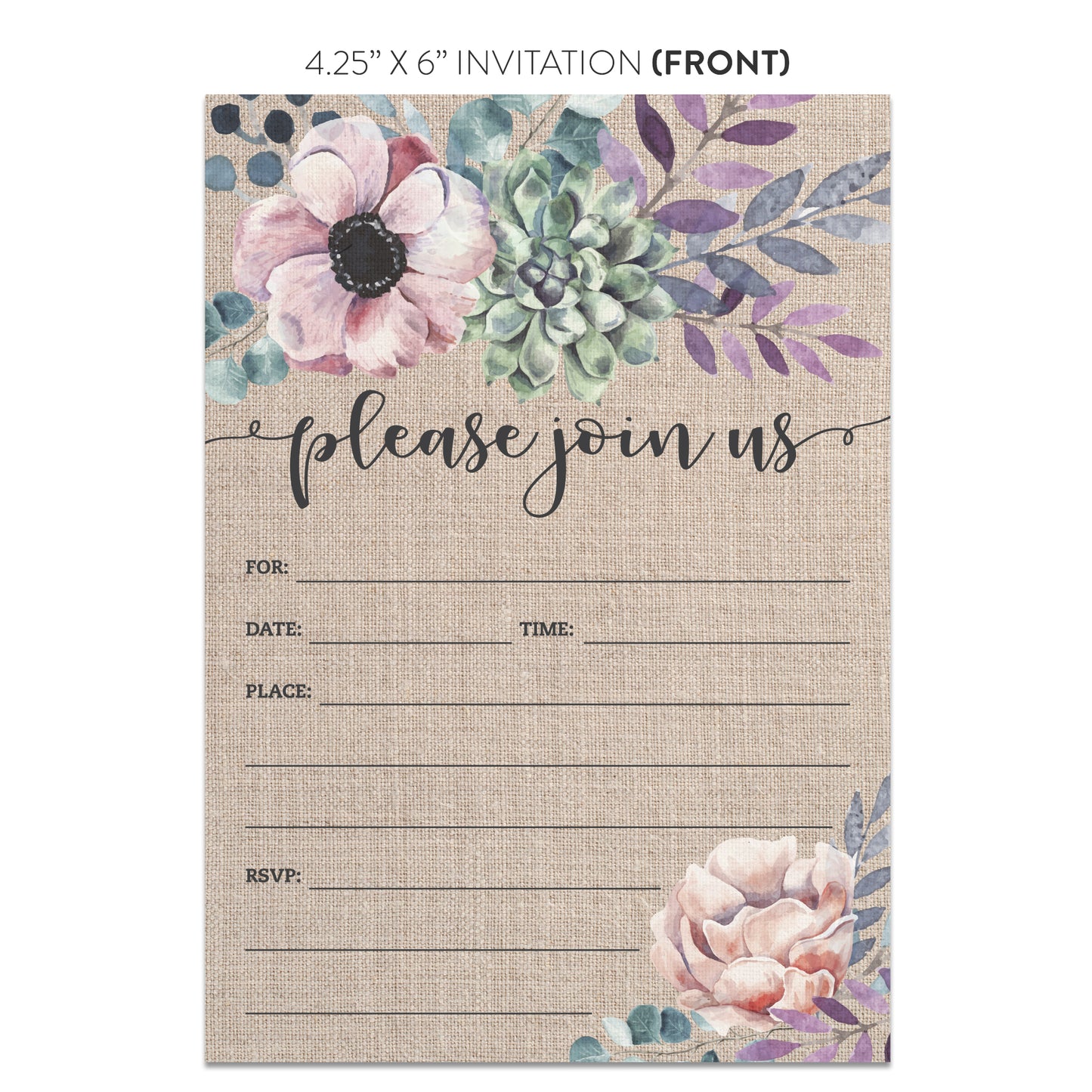 Rustic Burlap Purple Floral Invitations