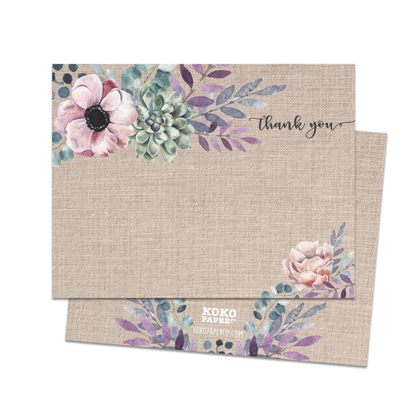 Rustic Burlap Purple Floral Thank You Cards (Flat)