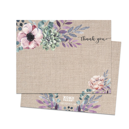 Rustic Burlap Purple Floral Thank You Cards (Flat)