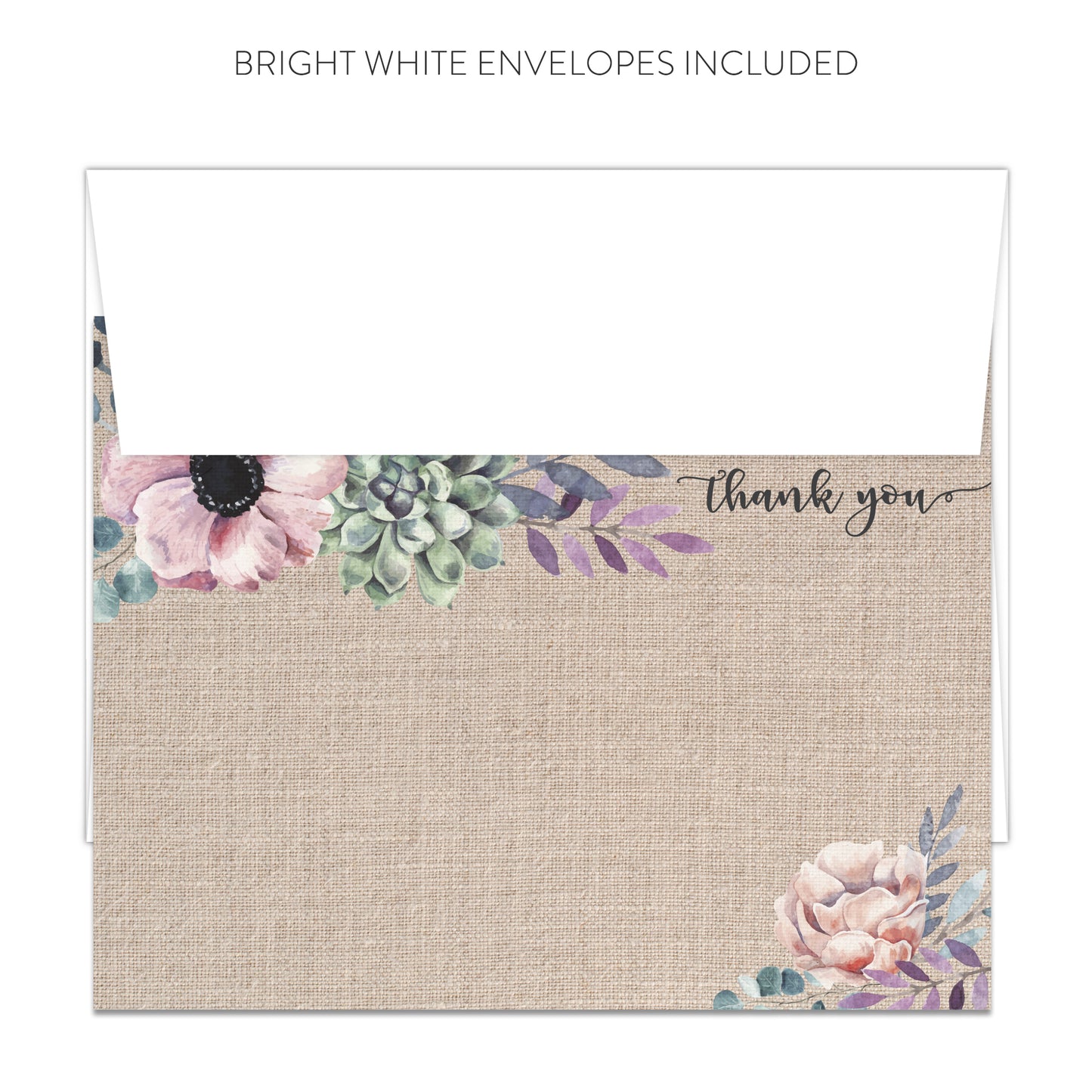 Rustic Burlap Purple Floral Thank You Cards (Flat)