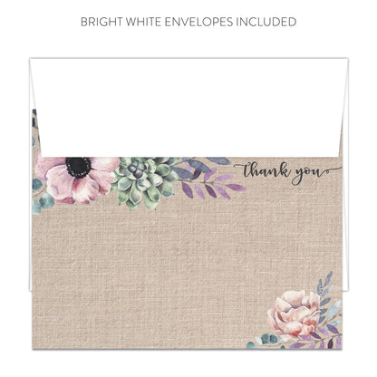 Rustic Burlap Purple Floral Thank You Cards (Flat)