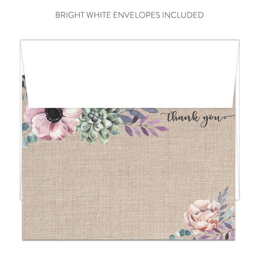 Rustic Burlap Purple Floral Thank You Cards (Flat)