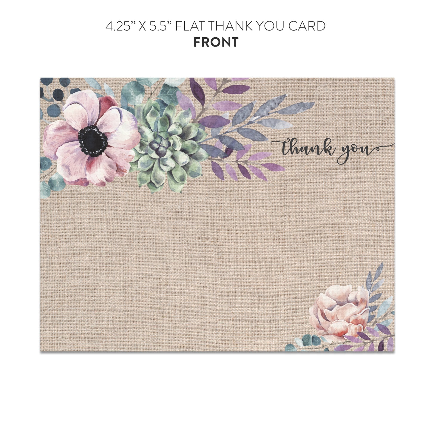 Rustic Burlap Purple Floral Thank You Cards (Flat)