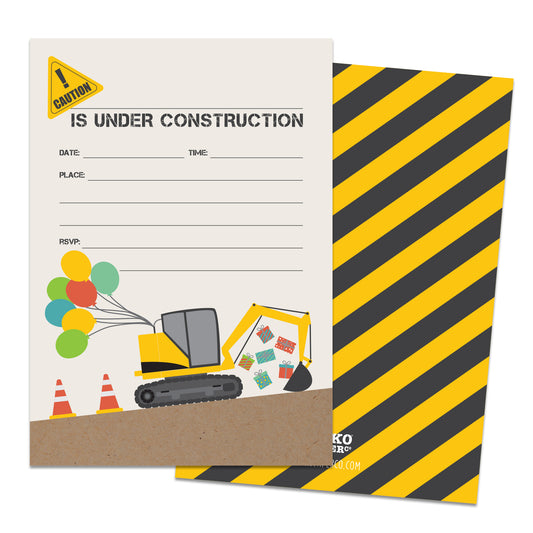 Presents and Balloons Construction Themed Invitations