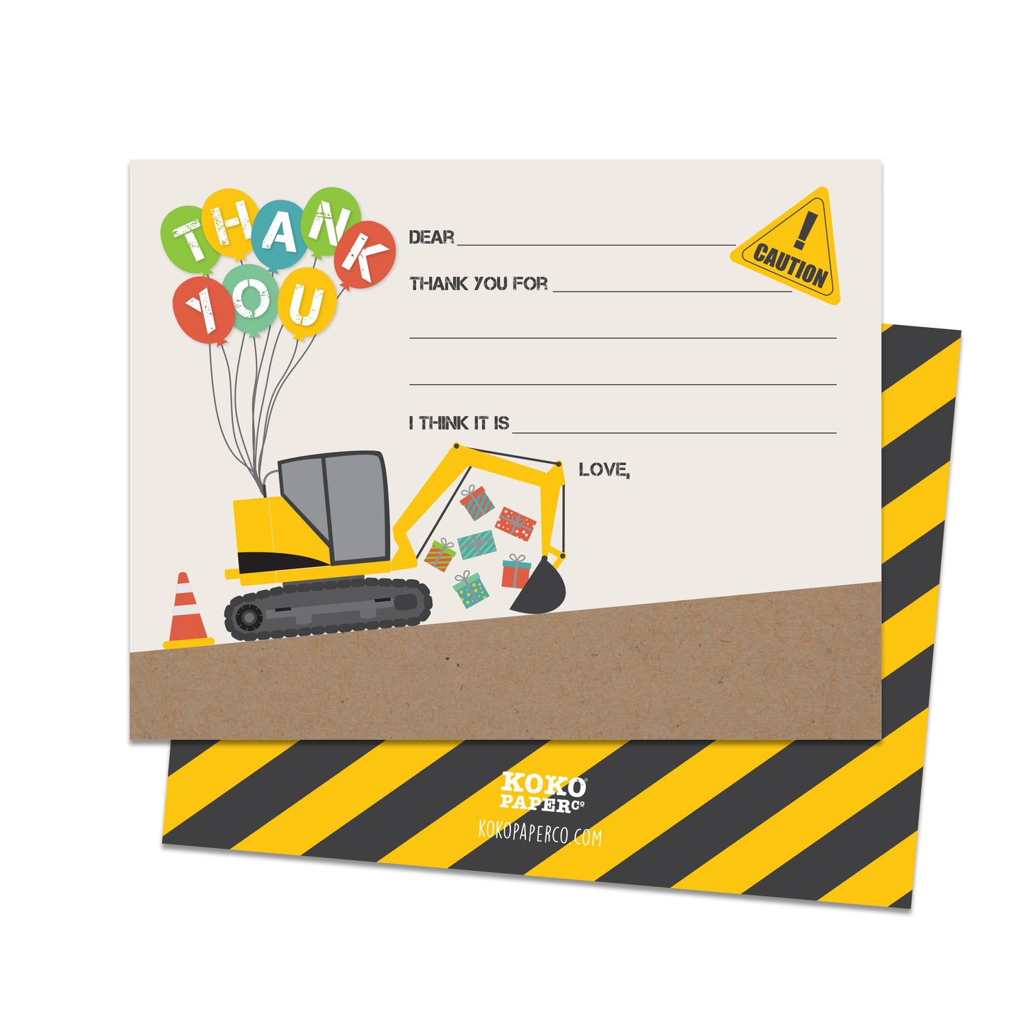 Presents and Balloons Construction Themed Fill-in-the-Blanks Thank You Cards (Flat)