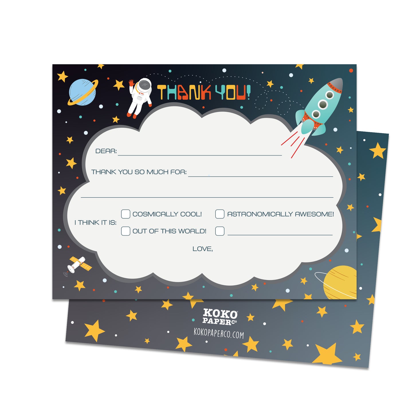 Outer Space Multiple Choice Fill-in-the-Blanks Thank You Cards (Flat)