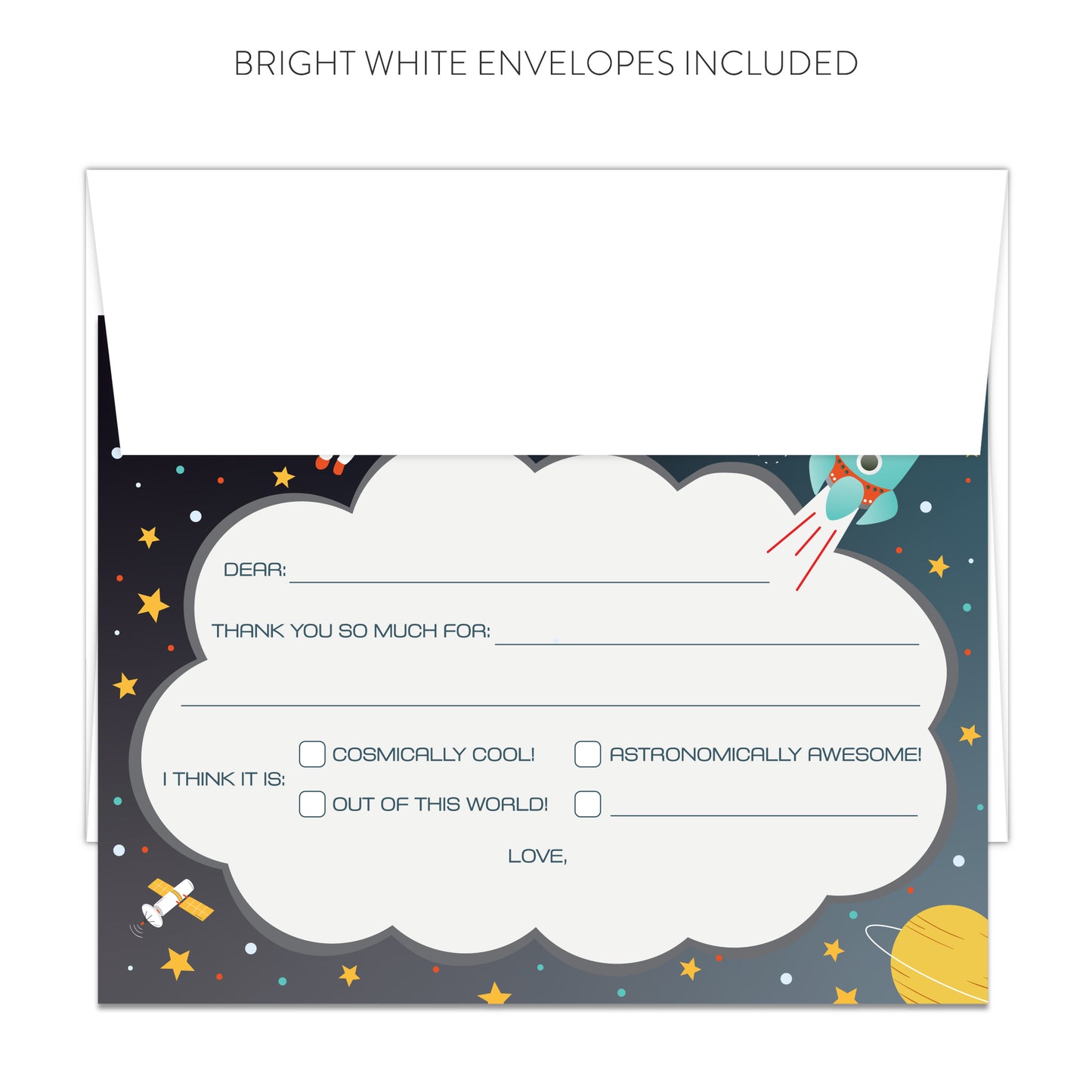 Outer Space Multiple Choice Fill-in-the-Blanks Thank You Cards (Flat)